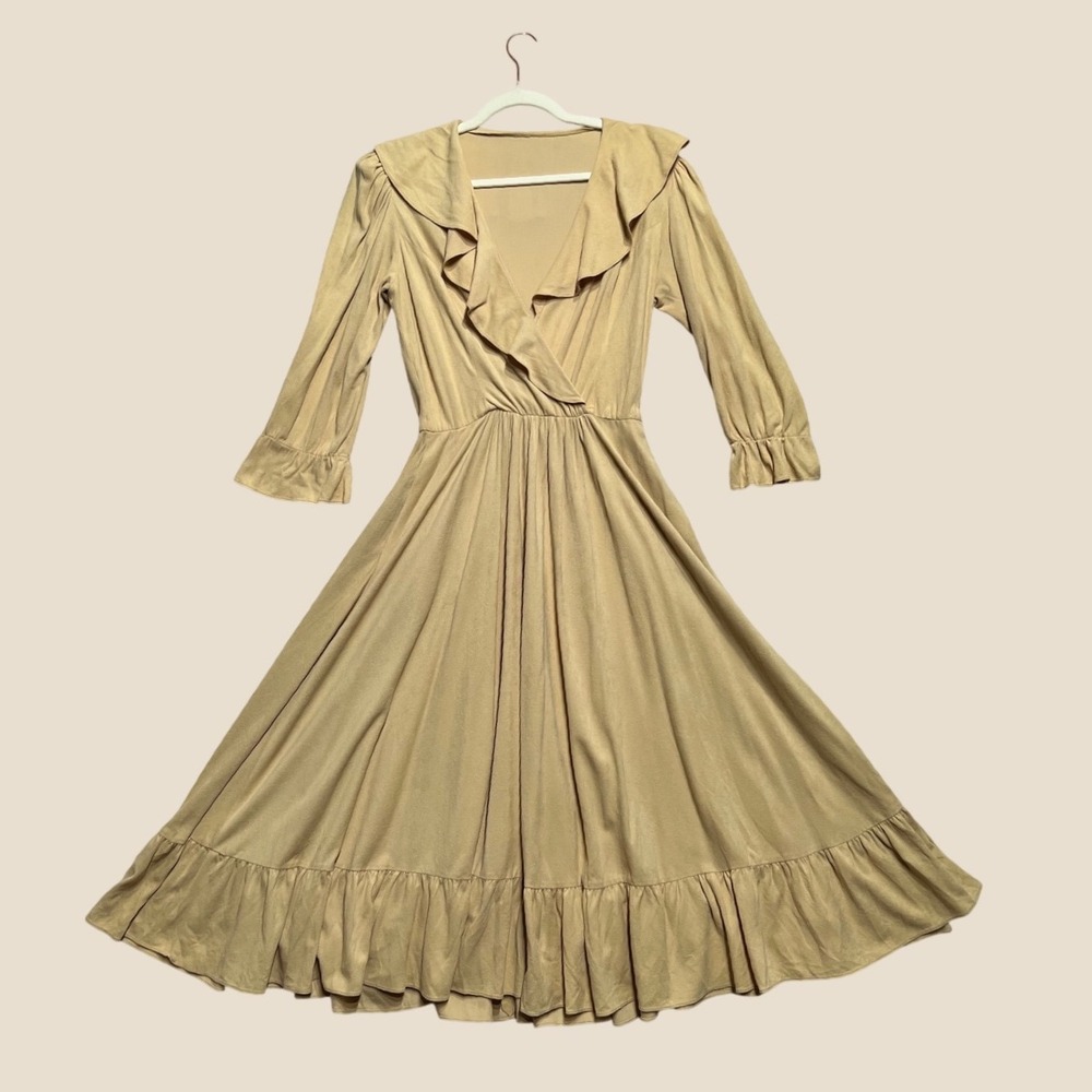 Vintage 70s Tan Faux Suede Ruffle Trim Prairie Midi Boho Dress S